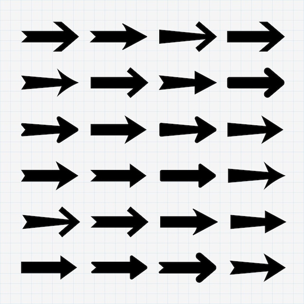 Set of black arrows in various styles and directions on a grid background Different arrow designs pointing in multiple directions on a grid layout Element vector set