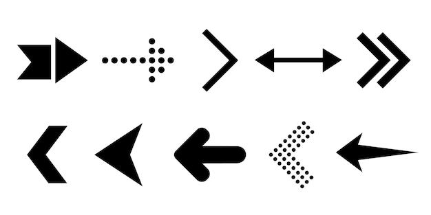 Set of black arrows in various styles including geometric dotted and curved