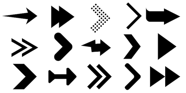 Set of black directional arrows in various geometric shapes Isolated on white background