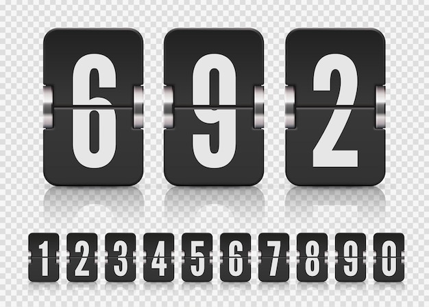 Set of black flip numbers on a mechanical score board with reflection Vector template for your design