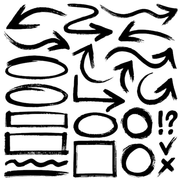 Set of black grunge design elements arrows and different shapes Paint brush strokes Isolated vec