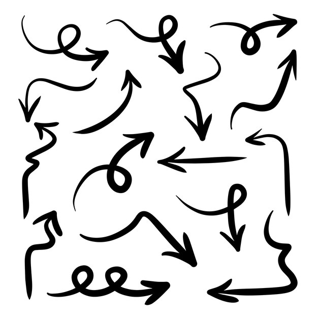 Set of black hand drawn arrow icons Curved doodle style pointers Swipe signs painted by pen