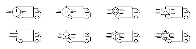 set of black linear icons of trucks fast delivery concept vector illustration
