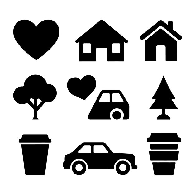 Set of Black Silhouette Icons Representing Everyday Concepts and Objects Vector illustration