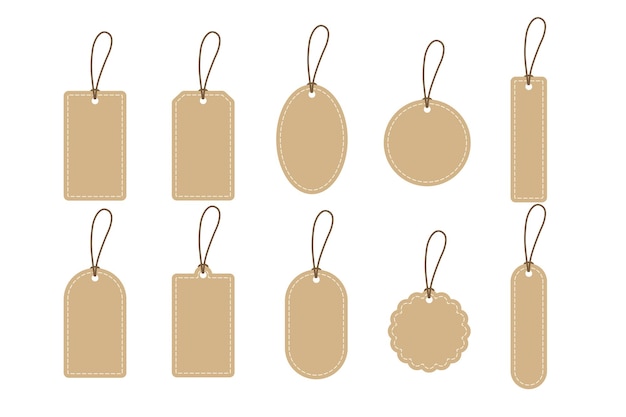 Set of blank stitchedged kraft paper tag Flat vector illustration