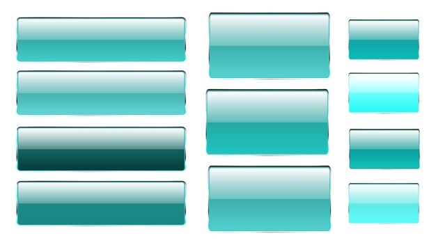 Set of blue rectangular and square glass transparent bright beautiful vector buttons