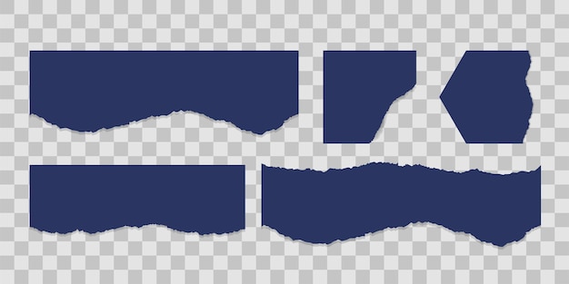 Set of blue torn paper pieces with soft shadow on transparent background