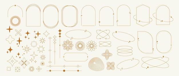 set of boho geometric shapes in trendy retro style minimal y2k aesthetic modern minimalist arch frame with sparkles