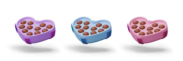 Set of boxes with chocolate candies of different colors Classic sweets in romantic packaging