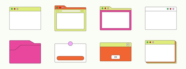 Set of browser windows folders and cards in bright colors brutalism style