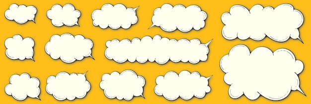 Set of cartoon speech bubbles in cloud shape with halftone effect shadow