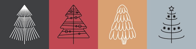 set of christmas trees made in a linear style on a colored background