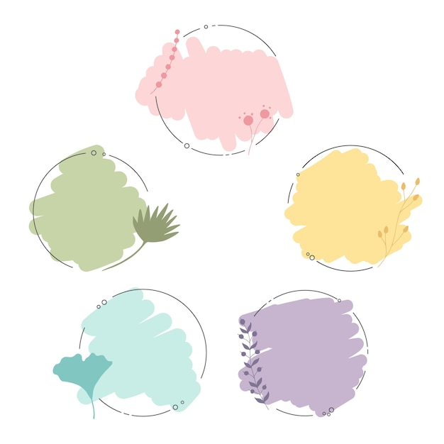 set of circle doodle frames decorate with botanical elements and lines