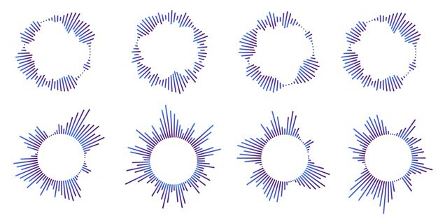 set of circular ripple icons concentric circles with broken lines isolated on white background