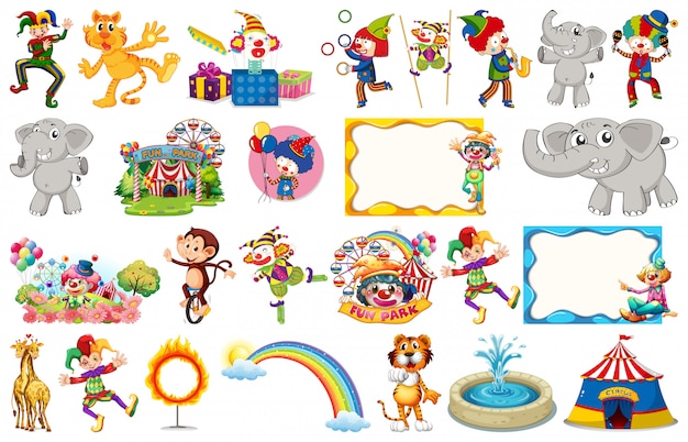 Set of circus animals, characters, objects and frames
