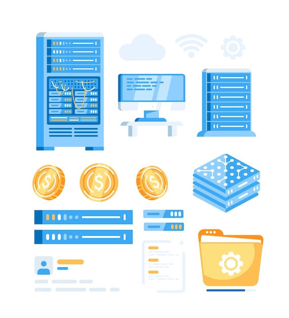 Set of cloud storage illustrations provided by the server Cloud data center computer connections