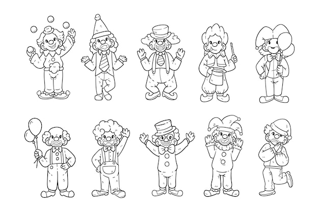 set of clowns character with a handdrawn outline sketch illustration