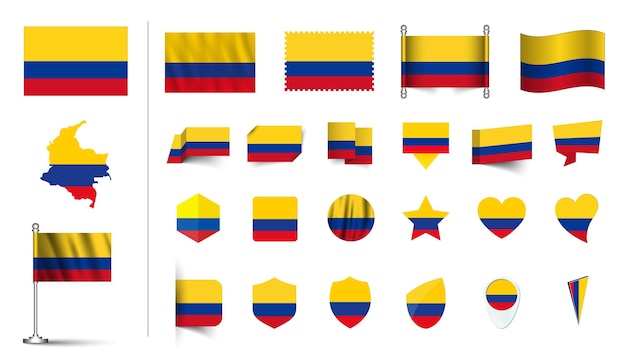 set of Colombia flag flat Icon set vector illustration flag button waving 3d rendering symbols