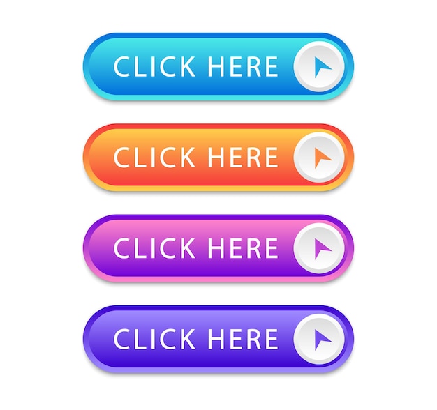 set of colored buttons click here isolated on white background