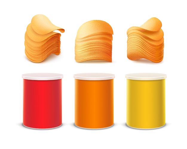  Set of Colored Red Orange Yellow Small Tin Box Container Tube for Package Design with Stack of Potato Crispy Chips Close up Isolated on White Background.