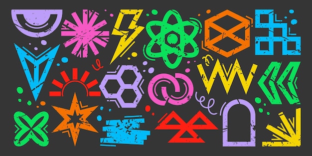 Set of colorful abstract geometric symbols with grunge texture