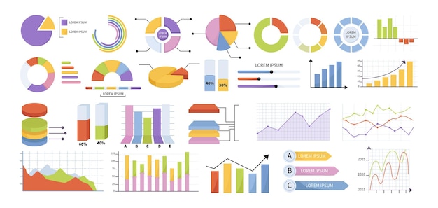 Set of colorful data visualization elements and graphs vector illustration
