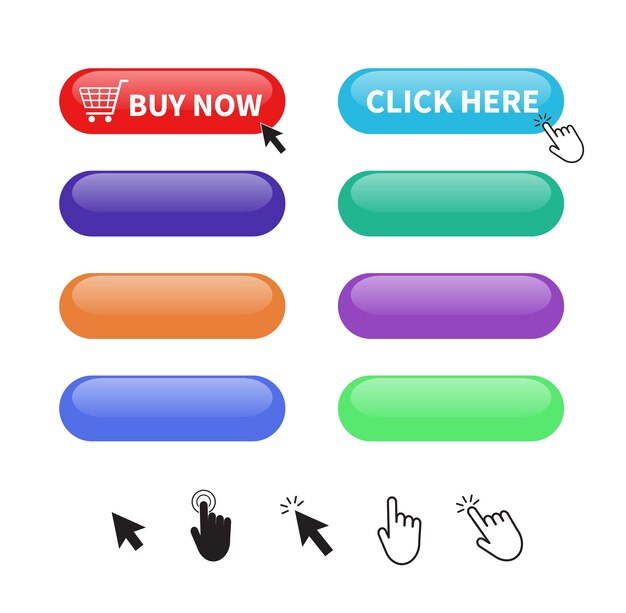 Set of colorful glossy button Blank button for website and mobile apps Mouse click cursor