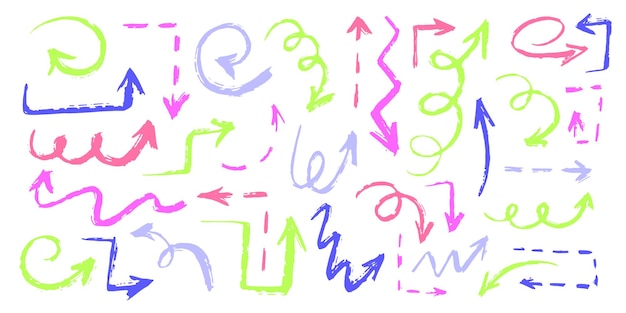 Set of colorful Hand drawn doodle arrow vector icons set. Sketch arrow design for business plan