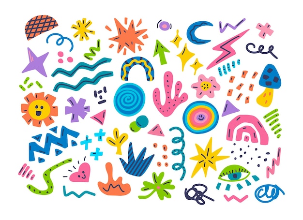 set of colorful hand drawn doodles of different shapes abstract elements vector illustration