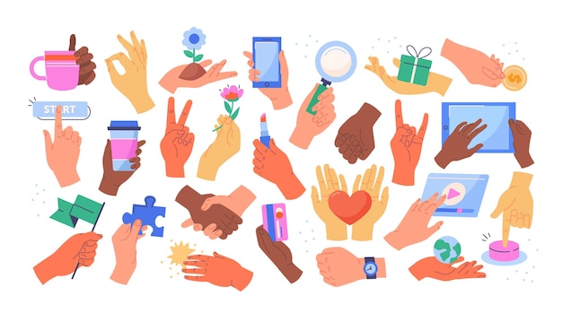 Set of colorful hands collection of stickers with male and female hands holding various objects
