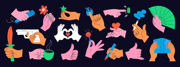 set of colorful hands holding various stuff on dark background different operations and gestures