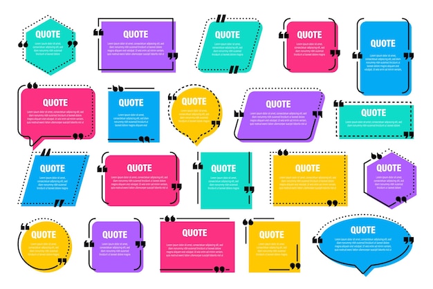 set of colorful isolated quote frames speech bubbles with quotation marks blank text box and quotes