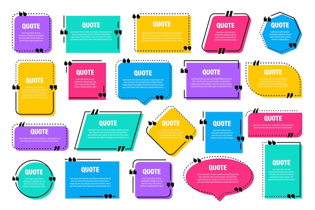set of colorful isolated quote frames speech bubbles with quotation marks blank text box and quotes