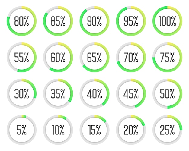 Set of colorful pie charts. Collection of green percentage diagrams