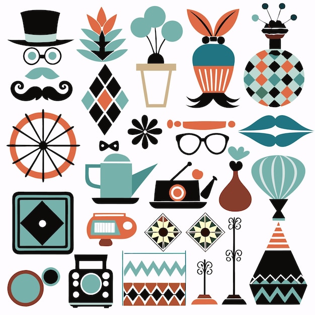 Set of colorful retro abstract icons with simple geometric shapes