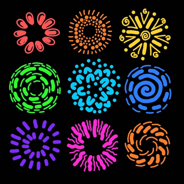 Set of colorful sunburst shapes or doodle firework Crayon drawing elements Bursting rays line icon set Pencil drawn spirals swirls and doodle circles