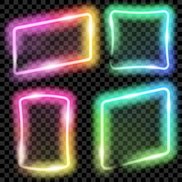 Set of colorful translucent neon frames on transparent background. Transparency only in vector format