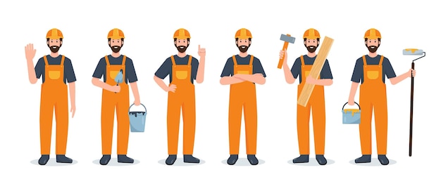 Set of construction builders with tools cartoon illustrations