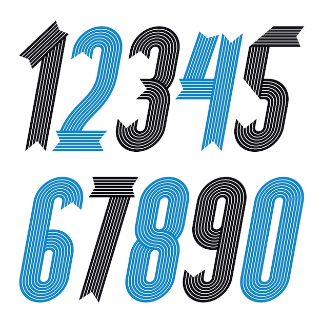 set of cool geometric vector digits, modern numerals collection. trendy italic condensed bold numbers from 0 to 9 can be used in logo creation. made with stripy decoration.