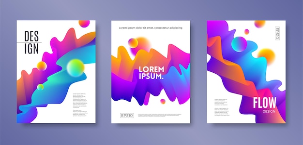 Set of cover design with abstract multicolored flow shapes.