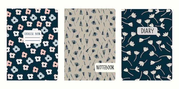 Set of cover page templates based on seamless patterns with viola and other flowers in Ditzy style dark colors Backgrounds for notebooks notepads diaries Headers isolated and replaceable