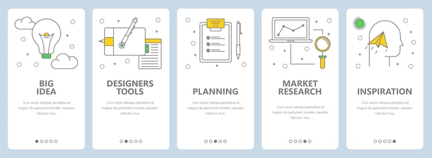  set of creative concept banners. Big idea, Designers tools, Planning, Market research, Inspiration web templates. Modern thin line art style design elements, icons for website menu, print.