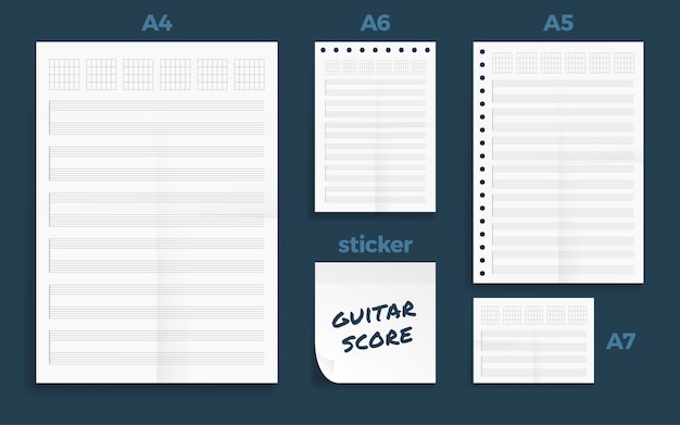 Set of crumpled four Standart blank guitar score series A format paper