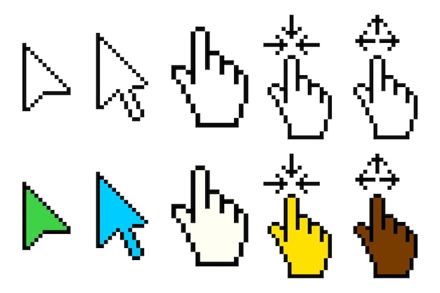 Set of cursor line icon Computer mouse arrow hover click highlight screen pixel style Multicolored icon on white background