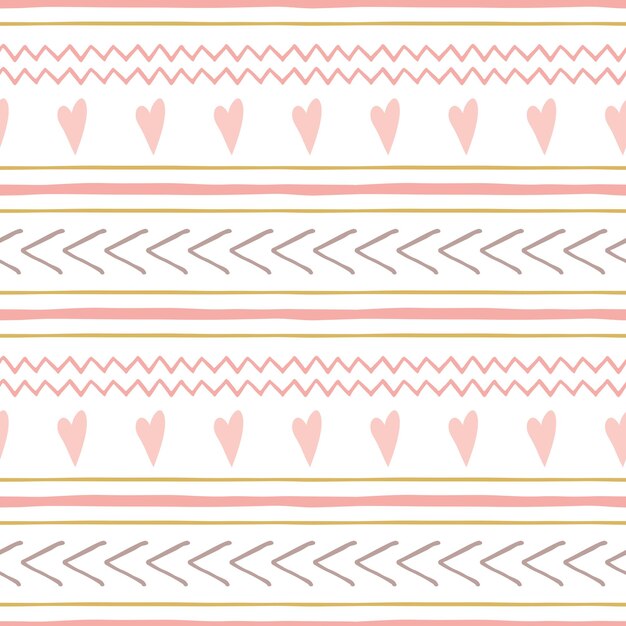 Set of cute abstract hand drawn pink seamless patterns Horizontal stripes pink hearts vector background Childish irregular geometric lines Baby girl illustration Pastek stroke Lovely pastel layouts