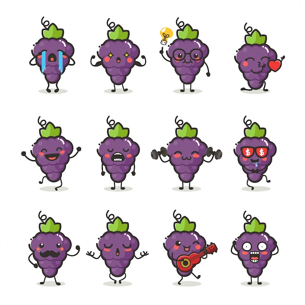set of cute grape fruit character in different action emotion