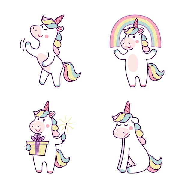 Set of cute handdrawn unicorns dancing standing under rainbow holding gift box and wand feeling sad