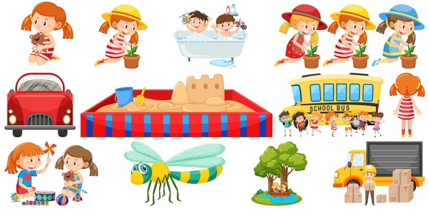 Set of cute kids and objects