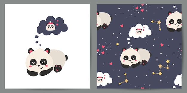 set of cute poster and seamless pattern with pandas.