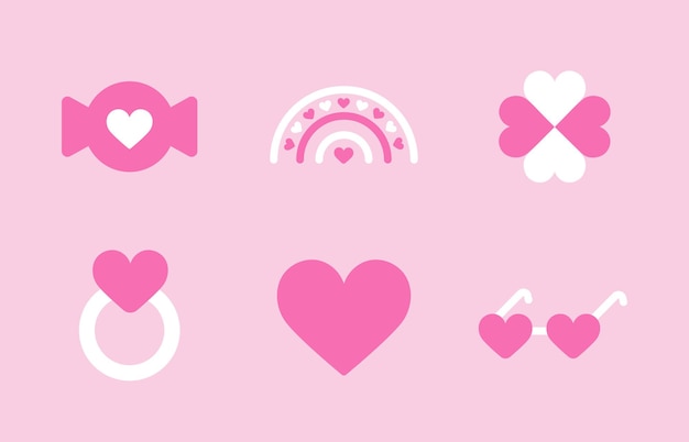 Set of Cute Valentines Day Icons Rainbow Clover Glasses with Hearts Cupcake Ring with Heart